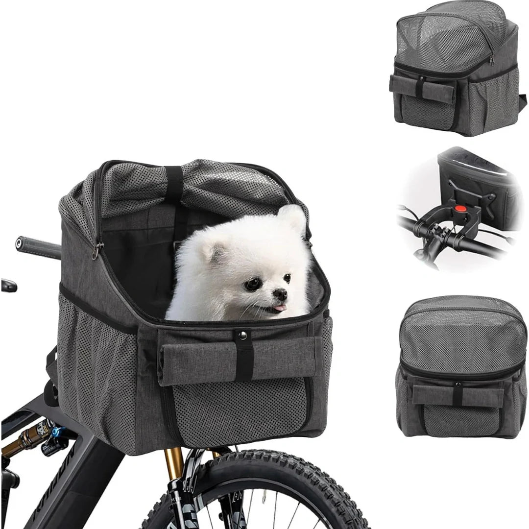 Petifo gray multifunctional pet bike basket and carrier shown mounted on a bicycle with a small white dog inside, alongside smaller thumbnail views displaying its handlebar mount, top mesh, and front profile.