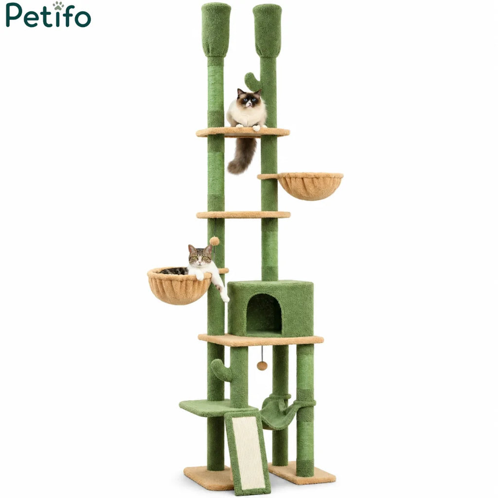 A tall, green, cactus-themed multi-level cat tree featuring plush perches and a cozy condo for two resting cats.