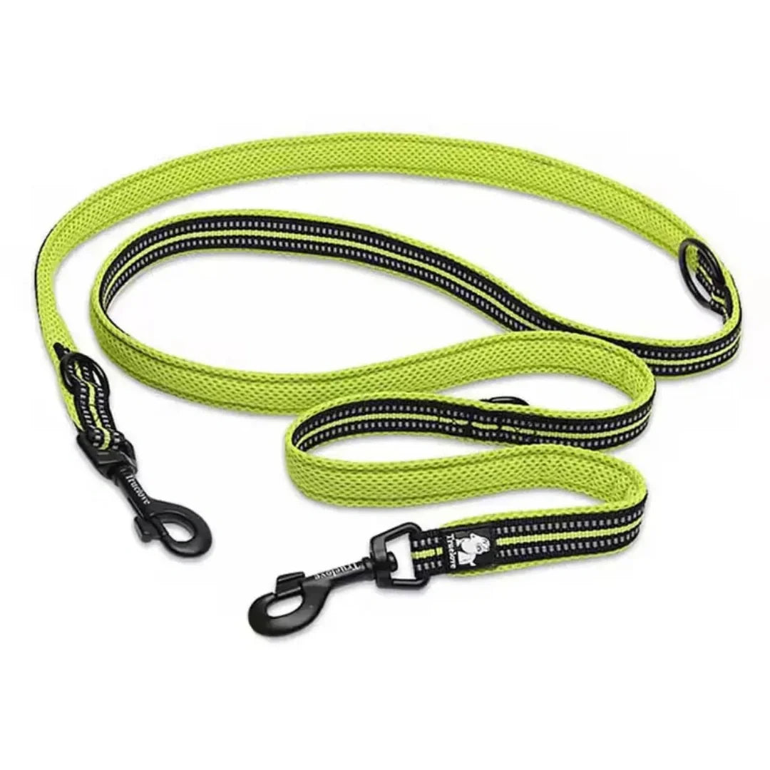 Lime green Reflexfit multifunctional dog leash with dual black zinc alloy snap hooks and reflective stitching.