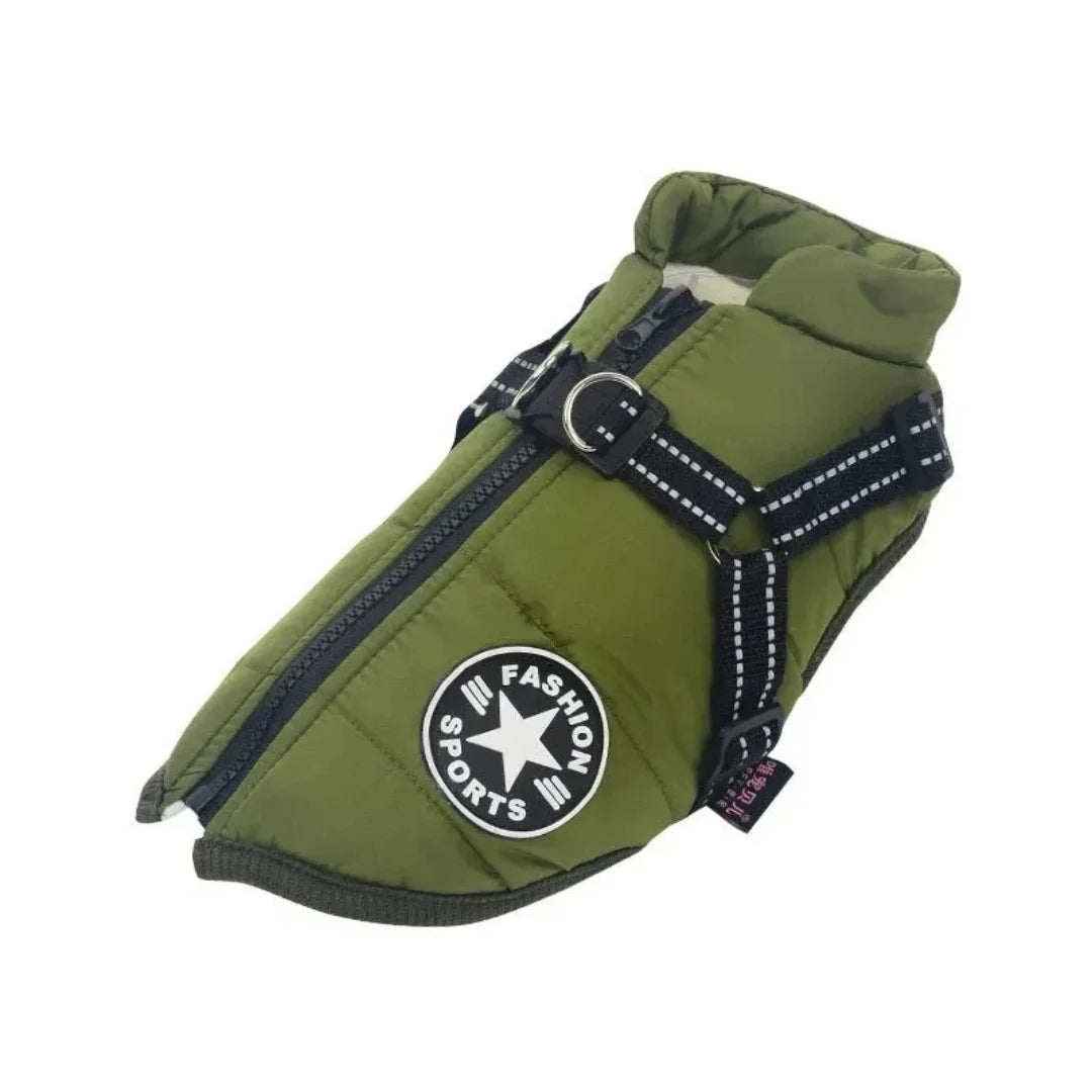 Olive green insulated winter dog vest featuring an integrated harness and reflective detailing.