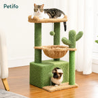 Two cats relaxing on a green and beige cactus-themed Petifo cat tree with a cozy hideaway.