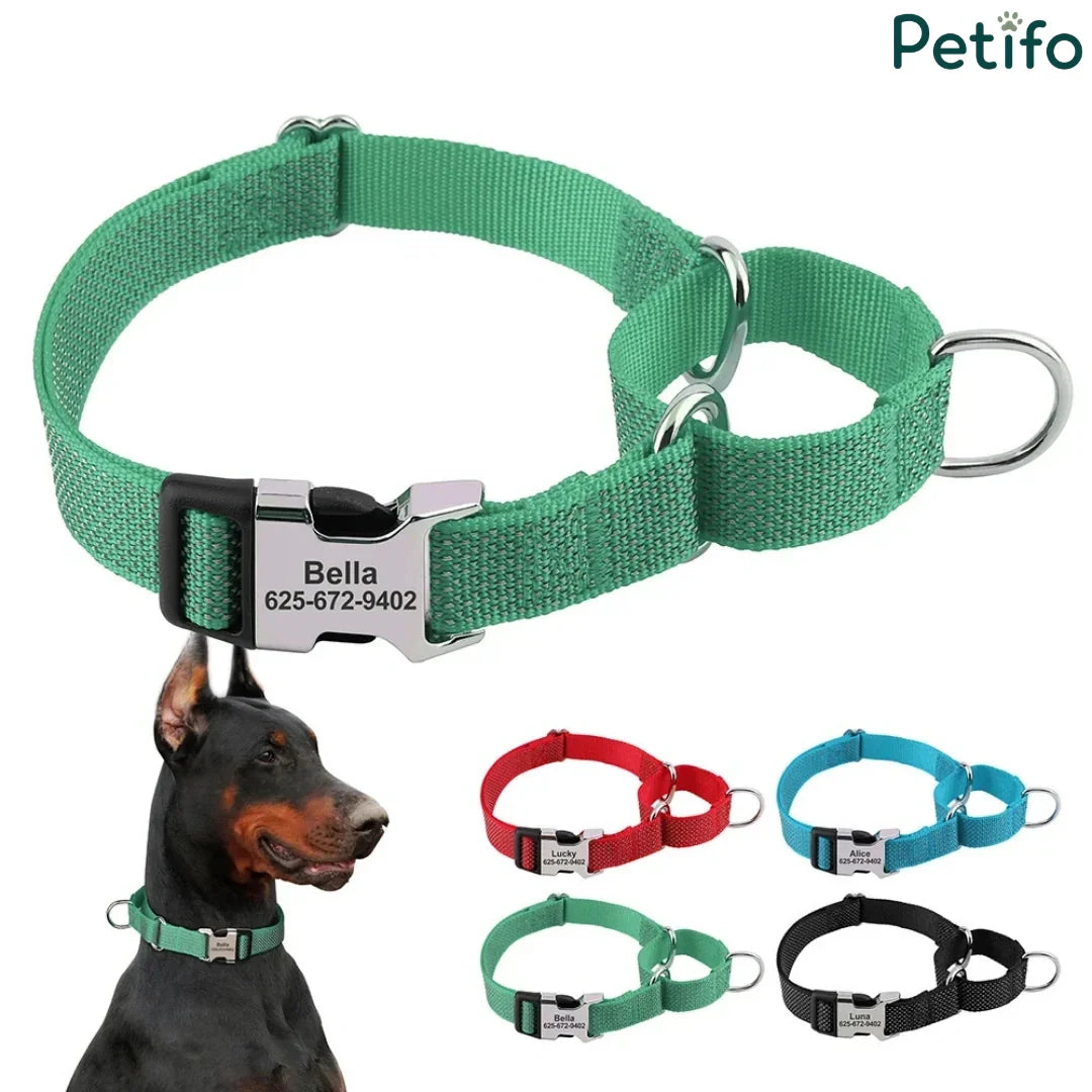 Green custom martingale dog collar displayed with multiple color options and a Doberman model.