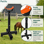 Adjustable horse hoof stand set up on a green pasture with a horse and product feature callouts.