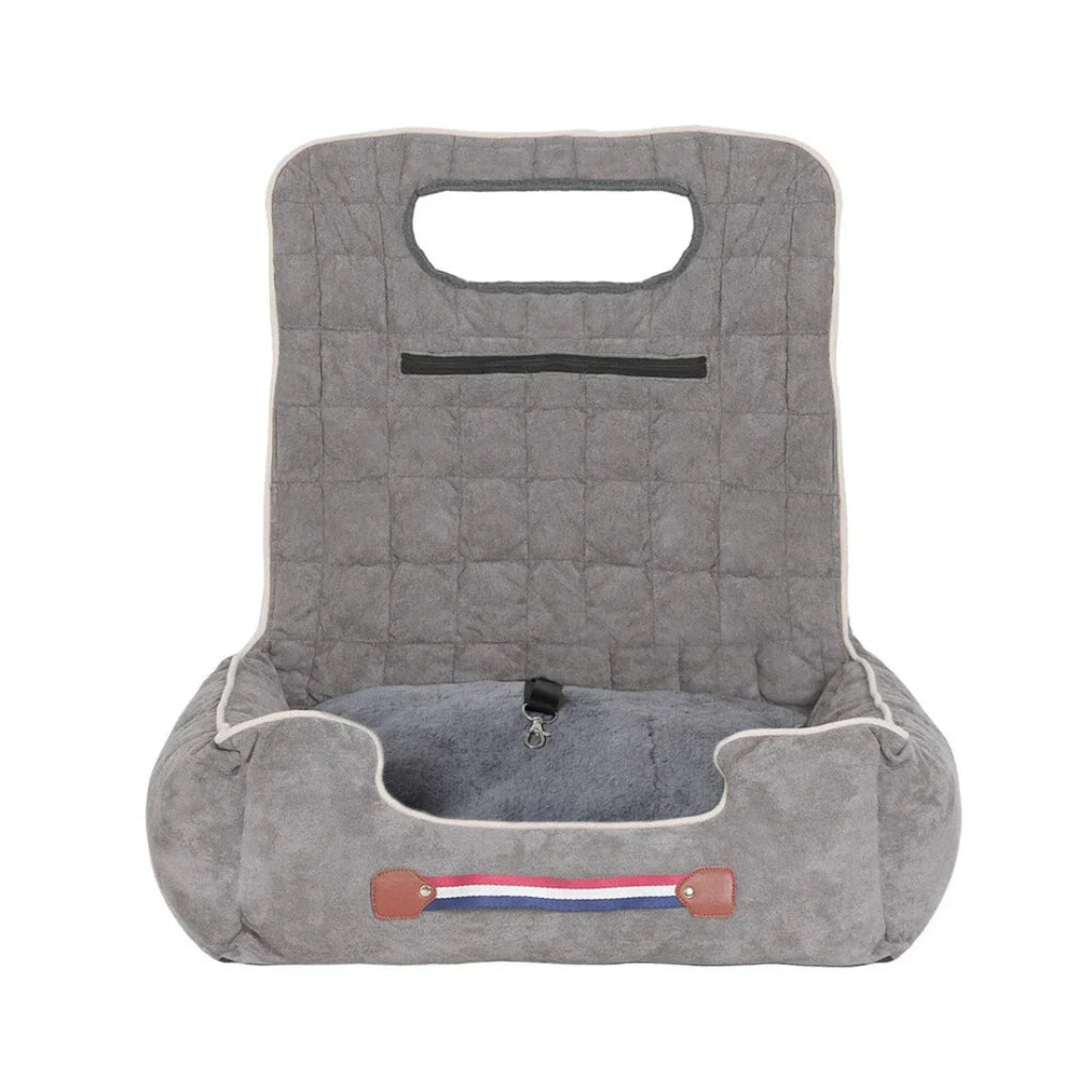 Front view of the grey, quilted Petifo pet car seat featuring a built-in safety leash and convenient storage pocket.