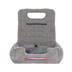 Front view of the grey, quilted Petifo pet car seat featuring a built-in safety leash and convenient storage pocket.