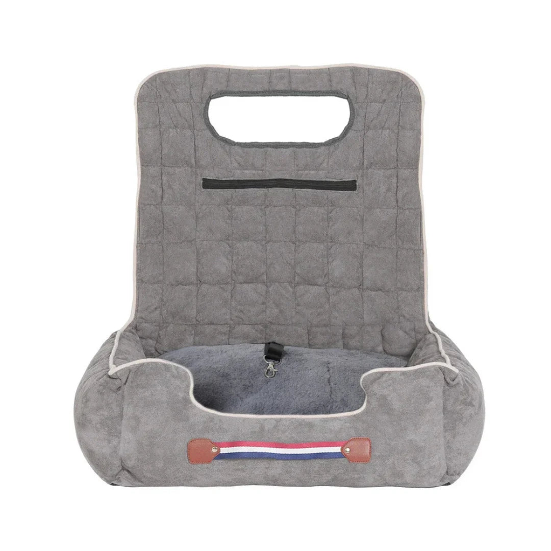 Front view of the grey, quilted Petifo pet car seat featuring a built-in safety leash and convenient storage pocket.