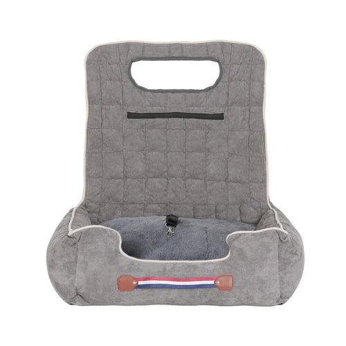 Front view of the grey, quilted Petifo pet car seat featuring a built-in safety leash and convenient storage pocket.