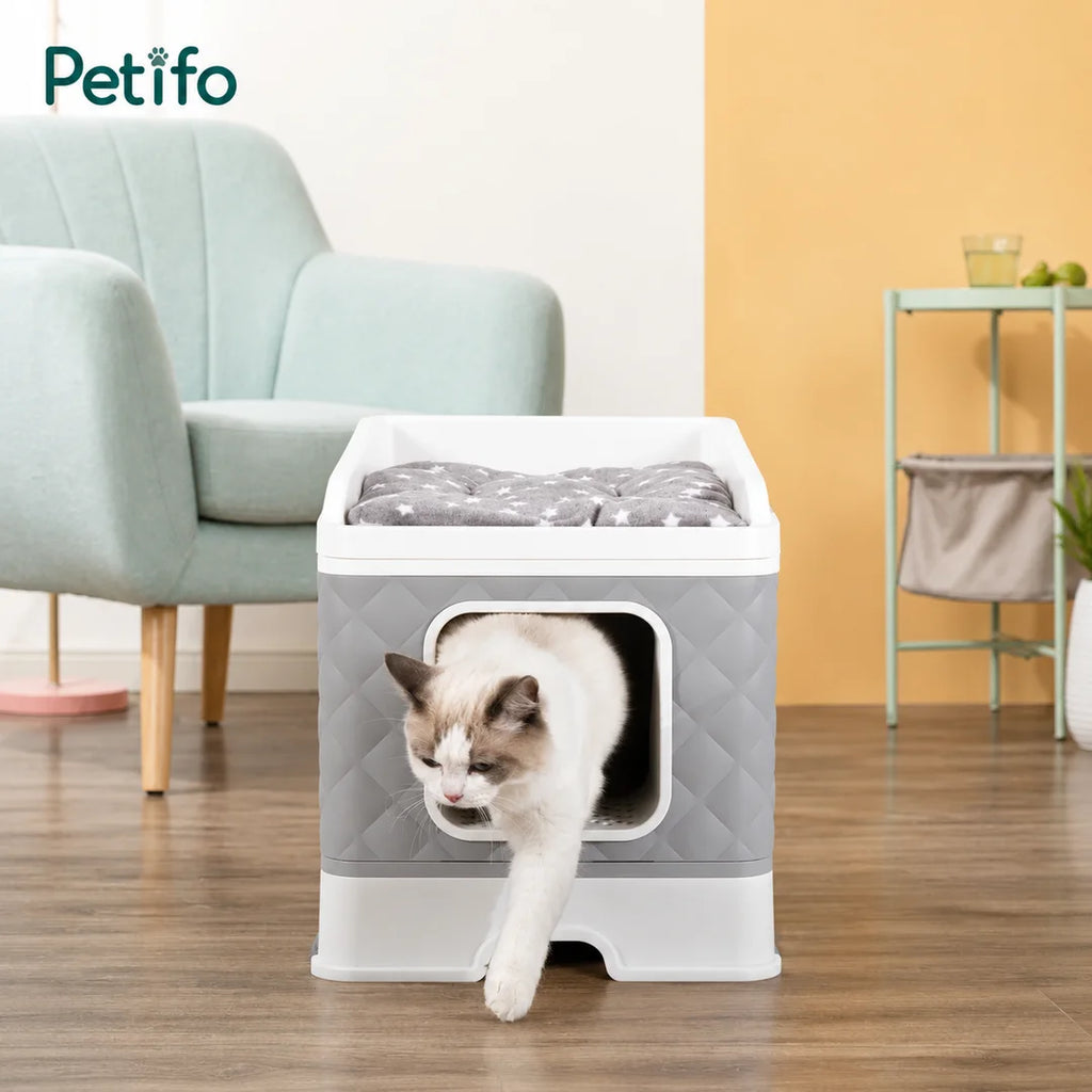 Petifo cat litter box with a quilted grey design, top-exit entrance, and a comfortable plush bed on top.