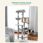 Labeled as an "Ultimate Activity House," this image shows a grey cat tree with an illuminated central condo and cats interacting with the various levels.