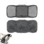 Grey microfiber dog drying towel layout and demonstration with a dog.