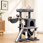 THREE cats relaxing on a grey multi-level cat tower, featuring a top plush perch, a side basket, and an enclosed hideaway condo.