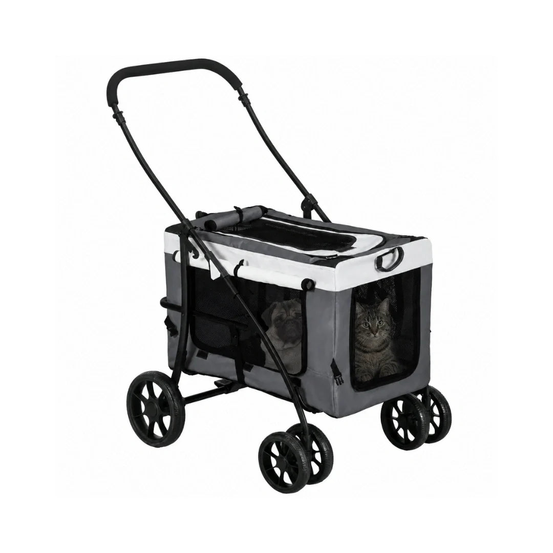 Petifo sleek grey multi-pet stroller with a sturdy black frame and secure mesh windows for small dogs and cats.