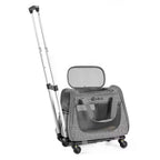 Grey rolling pet carrier with an extended telescoping handle and breathable mesh windows for travel.