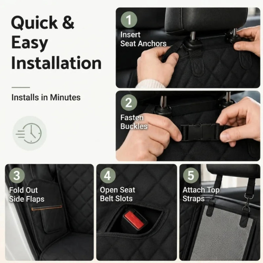Step-by-step guide for quick and easy installation of the car dog seat cover using anchors and buckles.