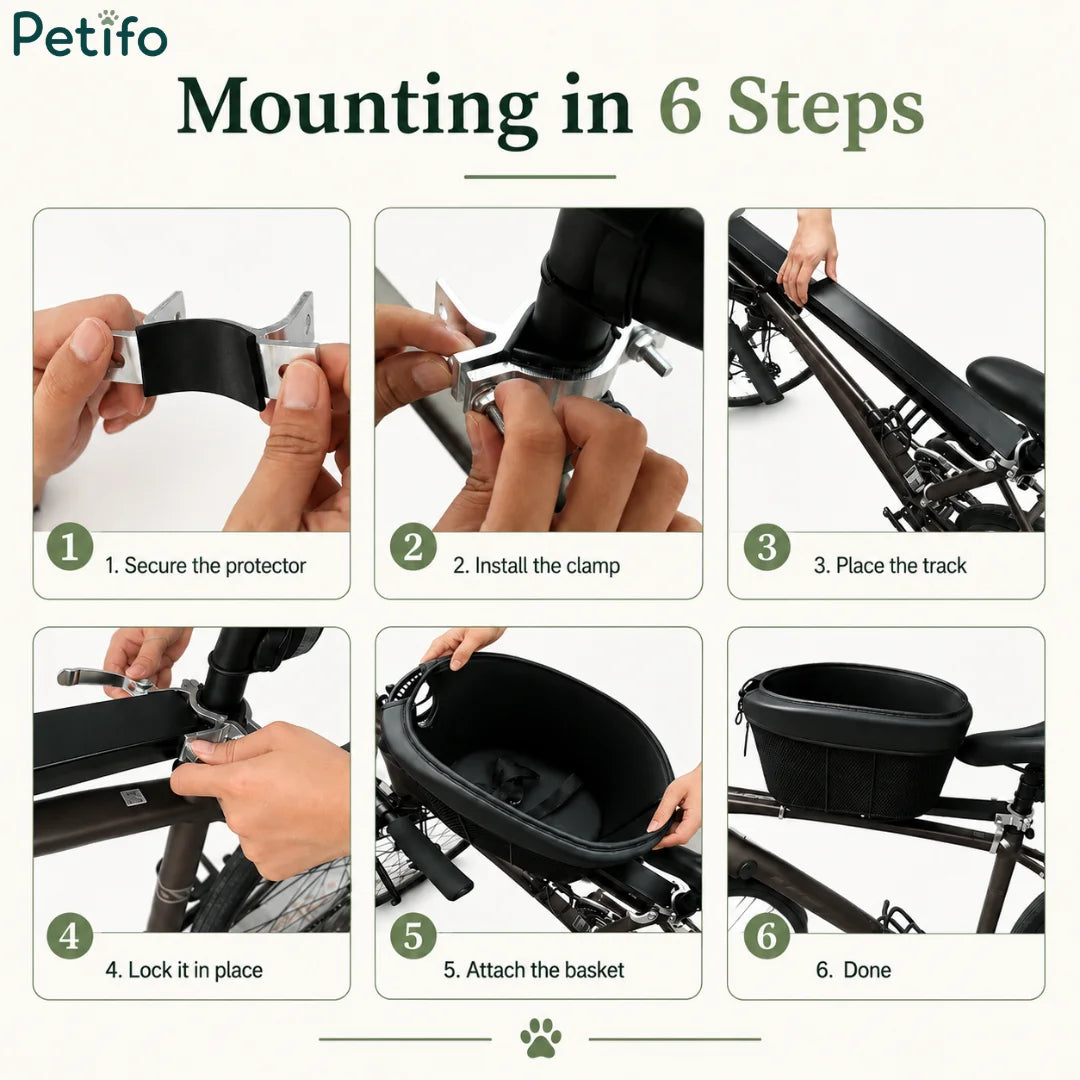 Step-by-step installation guide illustrating the 6-step process to securely mount the Petifo bike basket onto a bicycle.