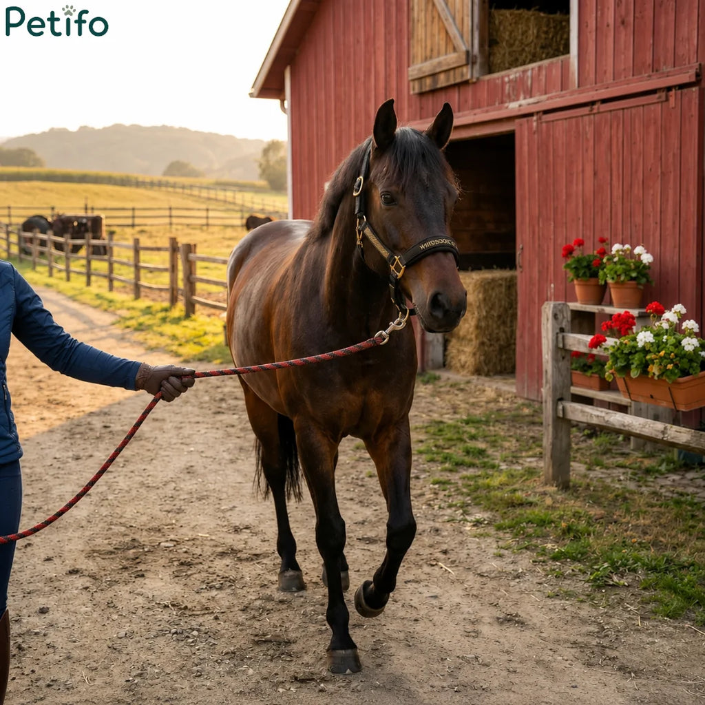 Brown horse wearing a halter and walking on a path near a red barn.