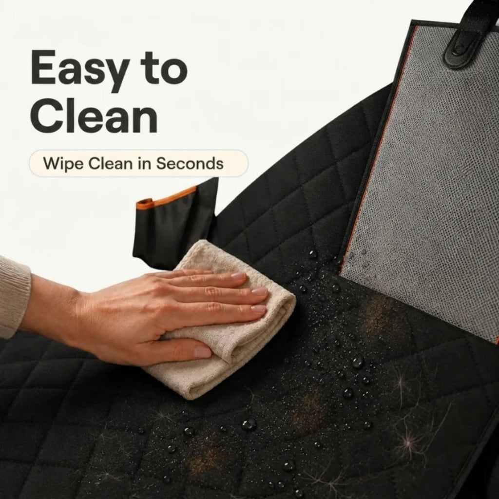 A hand wiping a black car seat cover clean with a cloth, demonstrating the easy-to-clean water-resistant surface.