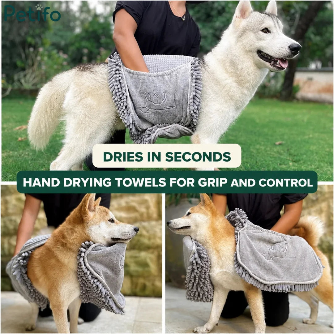 Dog drying towels featuring hand pockets for secure grip and fast drying.