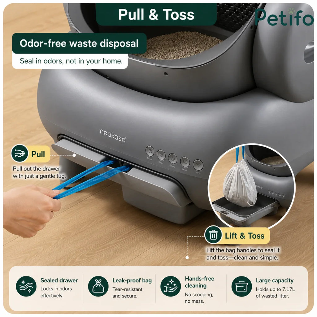 Hands-free cat litter waste disposal system with a sealed, leak-proof pull-out drawer for odor control.