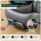 Hands-free cat litter waste disposal system with a sealed, leak-proof pull-out drawer for odor control.
