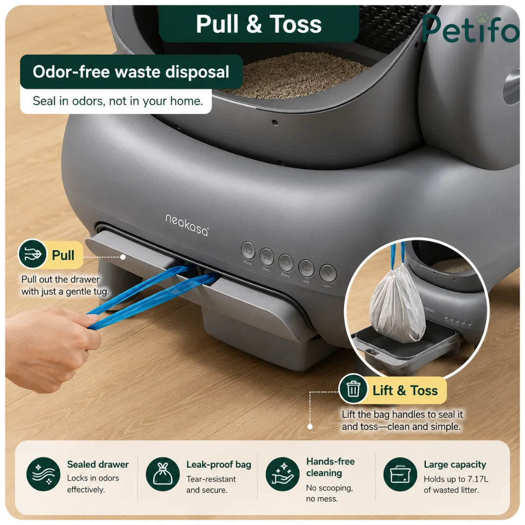 Hands-free cat litter waste disposal system with a sealed, leak-proof pull-out drawer for odor control.