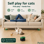 Cat playing happily with an automatic hands-free interactive toy while a woman relaxes on the couch using her phone.