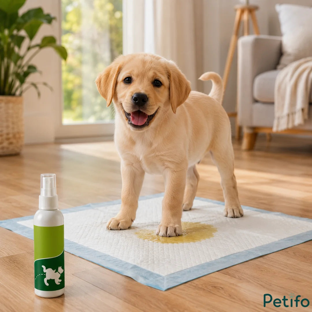 Happy golden retriever puppy standing on a training pee pad next to a bottle of potty training spray.