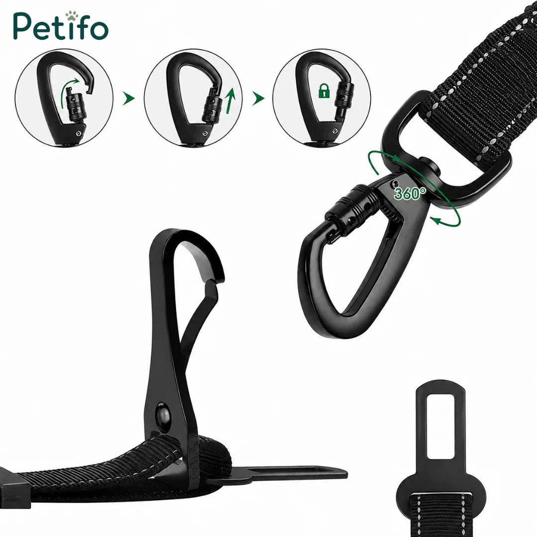 Step-by-step locking instructions and hardware details for the pet car seat belt.