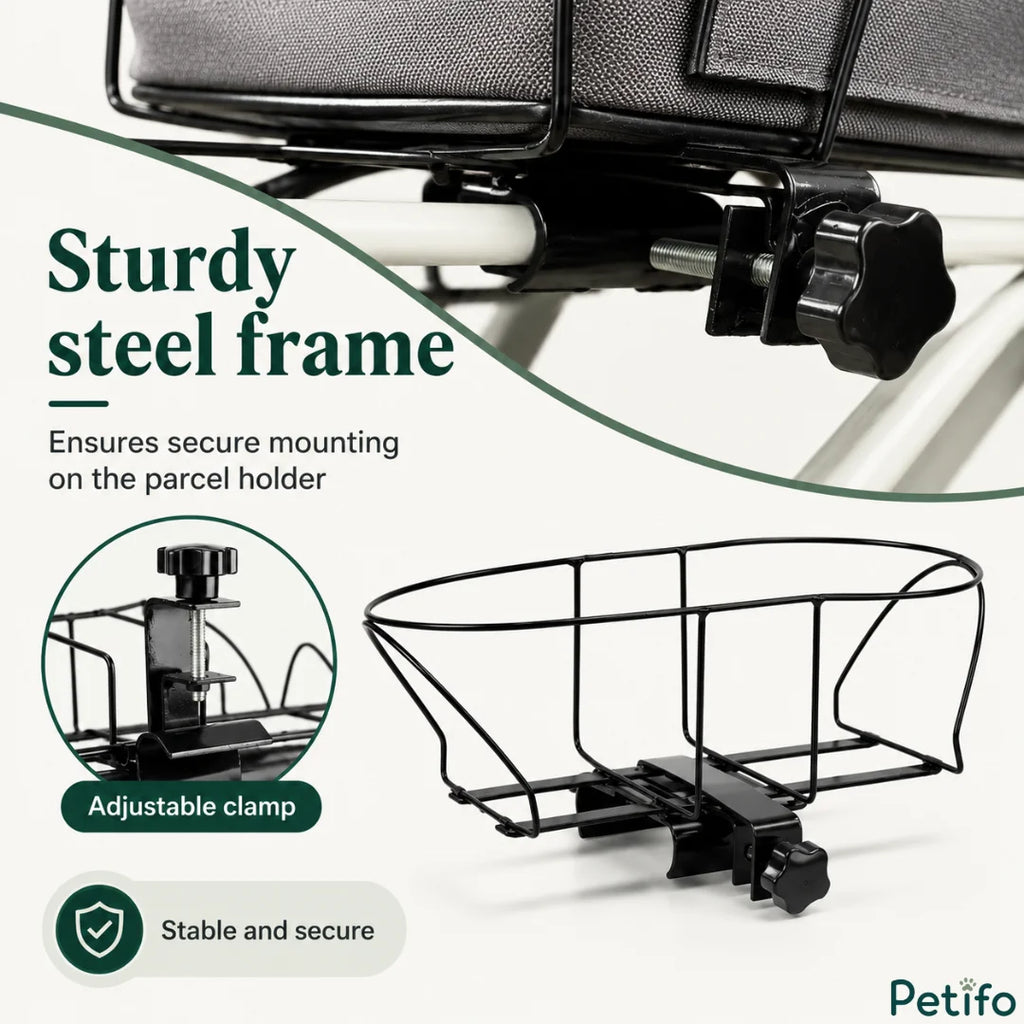 Close-up technical view of the heavy-duty adjustable steel clamp designed for secure mounting on bicycle parcel holders.