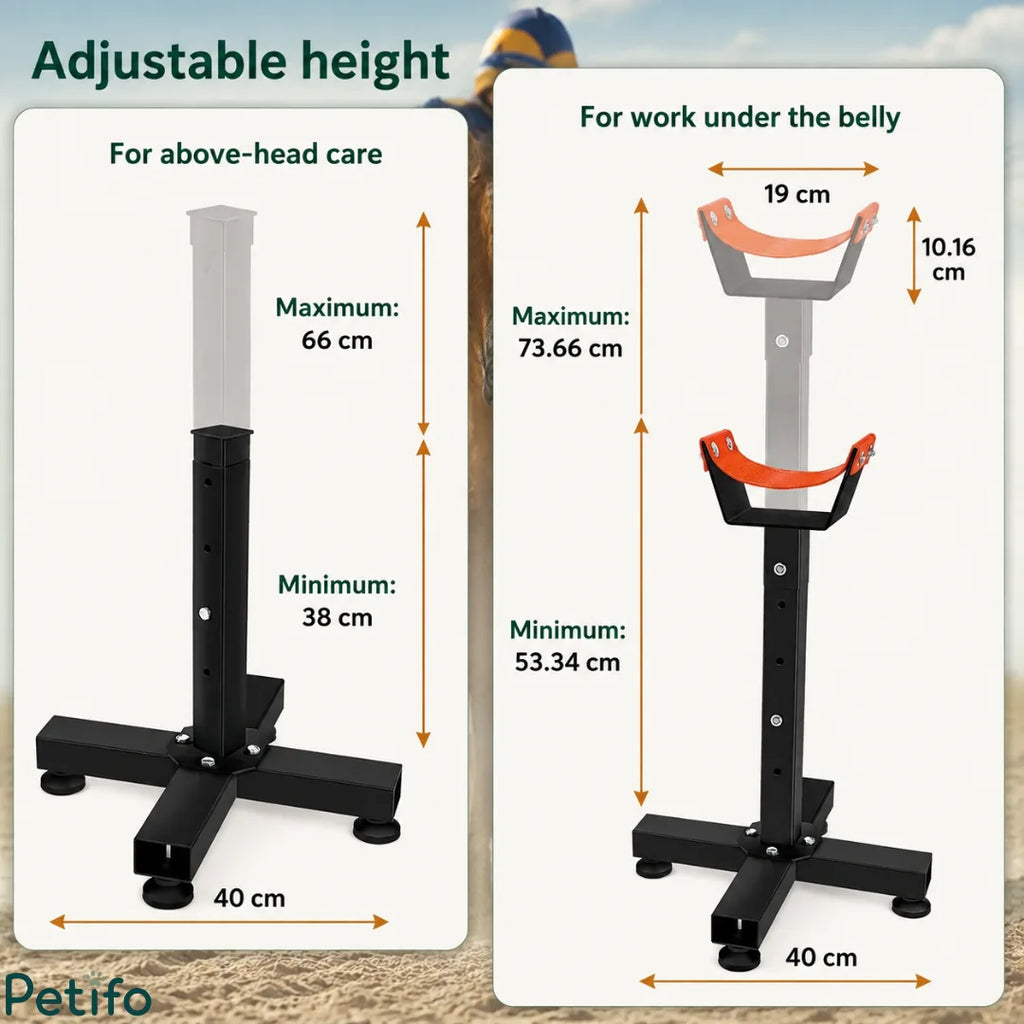 Height dimension guide for the adjustable horse hoof stand showing measurements for head care and belly work.