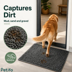 Close-up view of the high-density chenille texture effectively trapping dirt, mud, sand, and gravel from pet paws.