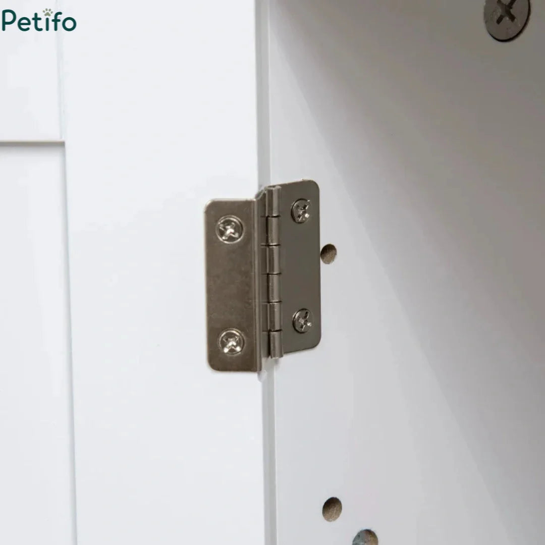 Close-up of the high-quality metal hinge hardware on the white door of the Petifo cat litter furniture.