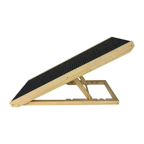 A side view of an adjustable wooden pet ramp in an inclined position, highlighting the sturdy frame and support structure.