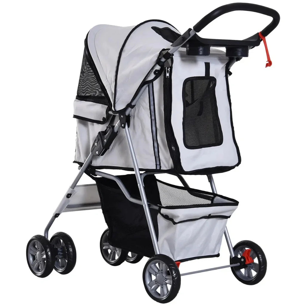 Rear view of the Petifo pet stroller highlighting the handle, accessory tray, and mesh rear window.