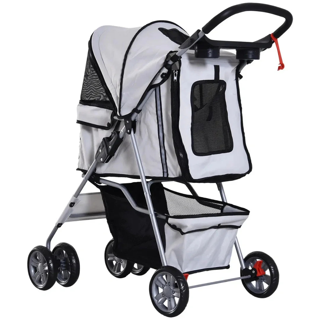 Rear view of the Petifo pet stroller highlighting the handle, accessory tray, and mesh rear window.