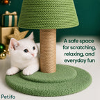 Sweet white kitten resting comfortably next to the sisal post of a holiday-themed cat scratcher.