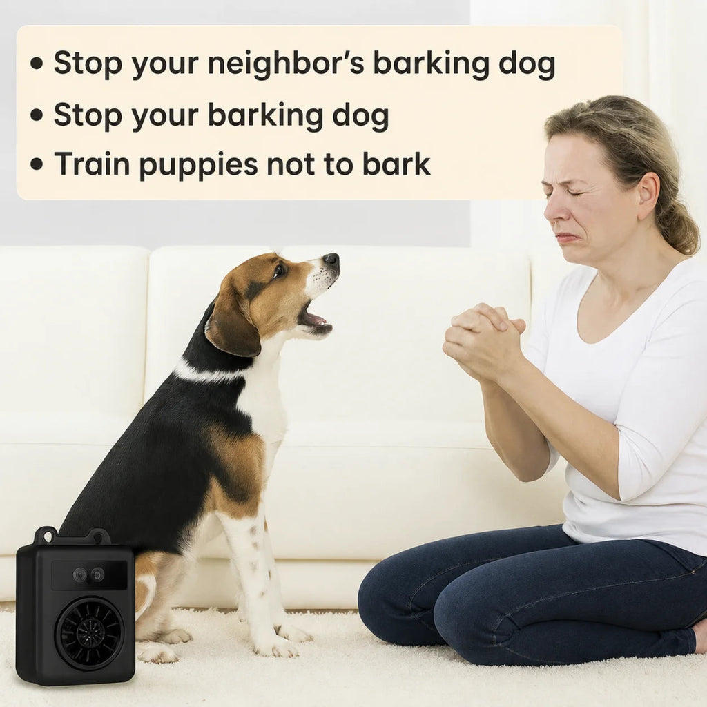 Anti-barking device shown in a home setting