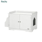 Full view of the white Petifo cat litter house cabinet, showing the side organizer attachment and cat-sized entry cutout.