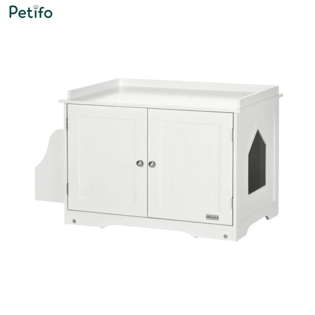 Full view of the white Petifo cat litter house cabinet, showing the side organizer attachment and cat-sized entry cutout.