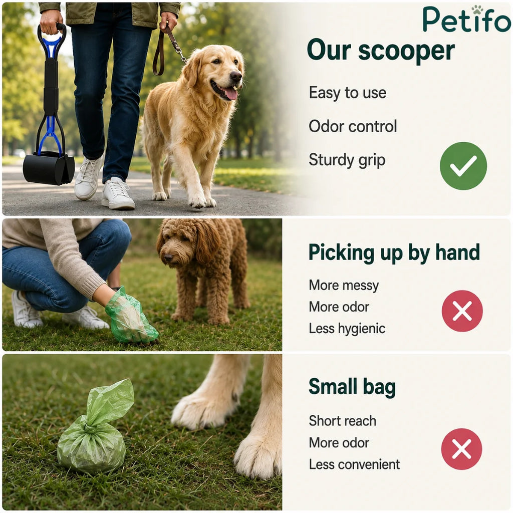 Comparison infographic highlighting the hygienic benefits of using a long-handled dog pooper scooper over picking up by hand or small bags.