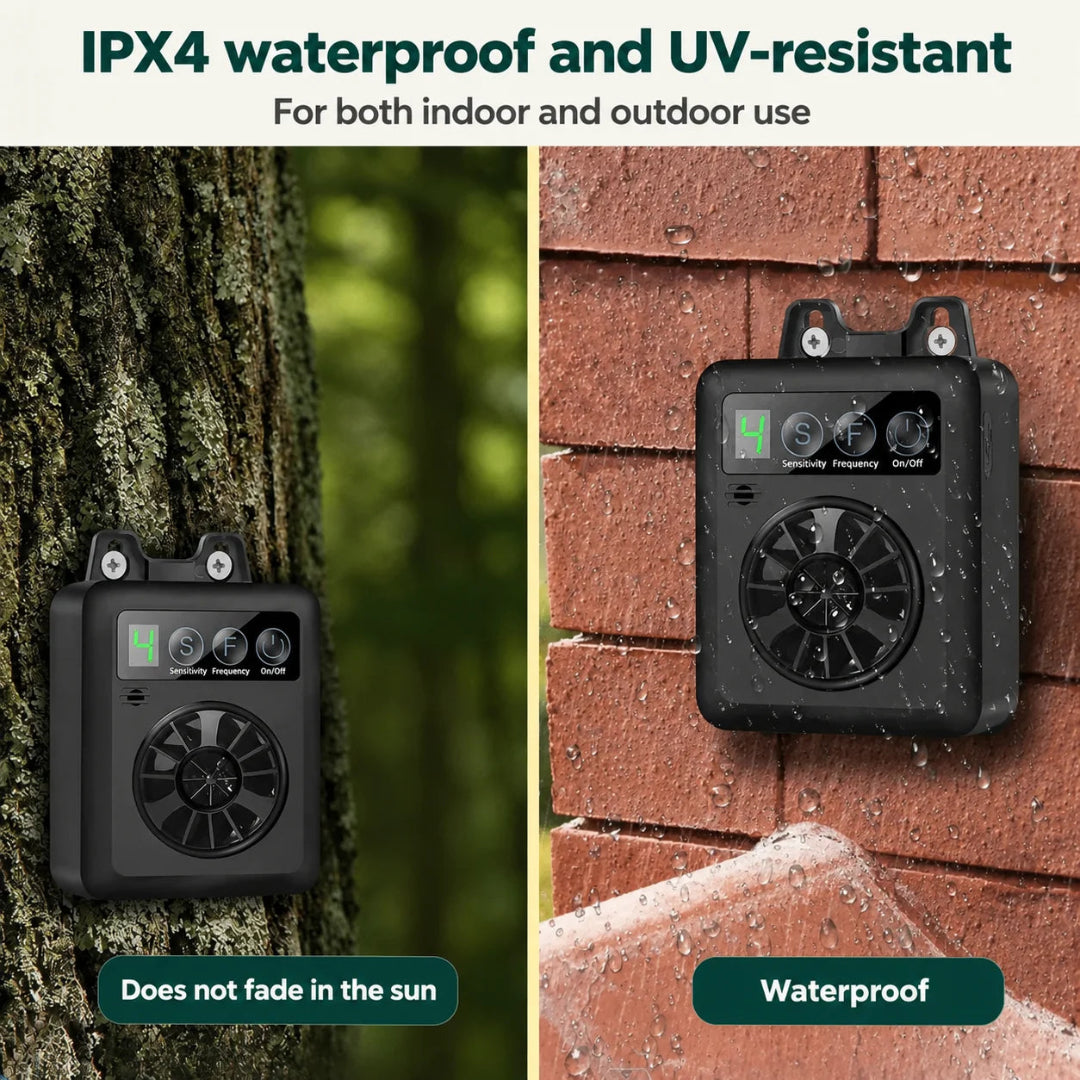 IPX4 waterproof and UV-resistant outdoor ultrasonic anti-bark device mounted on a tree trunk and a brick wall.