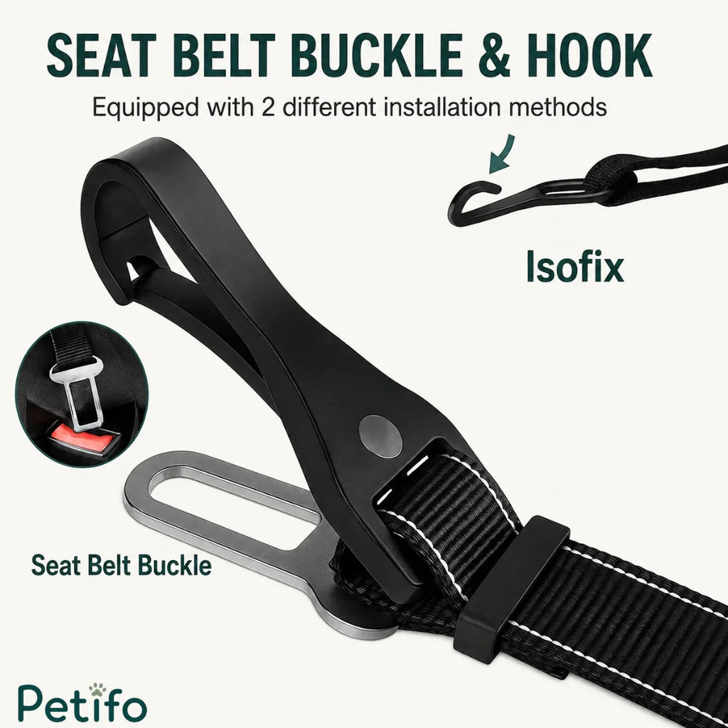 Close-up display of the dual installation methods featuring a seat belt buckle and ISOFIX hook.