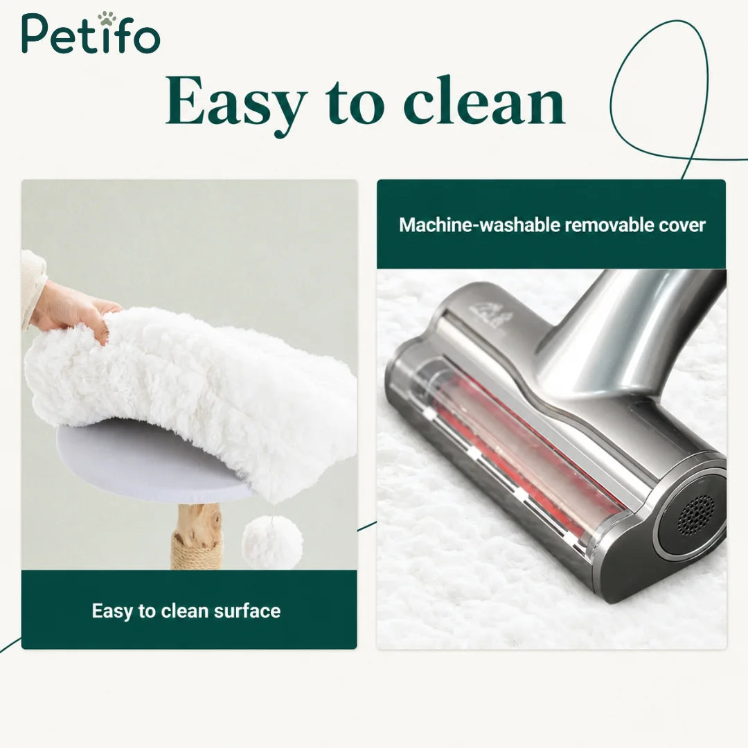 Illustration of the easy-to-clean design with removable, machine-washable plush covers for the cat tree platforms.