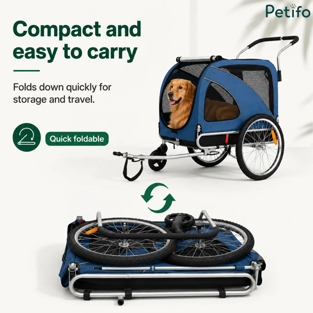 Illustration of the Petifo dog trailer folding quickly for easy storage and travel.