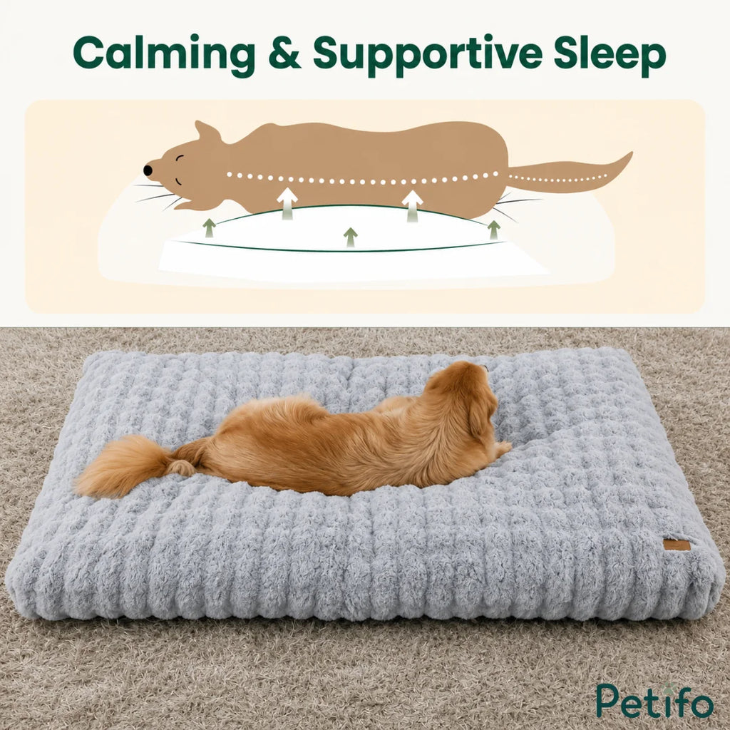 Illustration showing how the Petifo pet bed provides orthopedic support for calming, restful sleep.