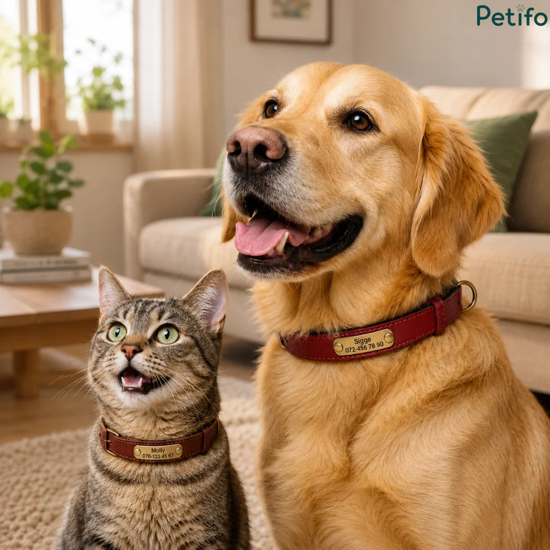 Happy golden retriever and an attentive tabby cat wearing personalized leather collars indoors with a cozy living room background.
