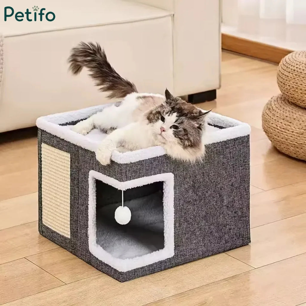 Infographic displaying the two-level Lunatto cat house with a plush top bed, a cozy lower condo, and a 14 kg maximum weight limit.