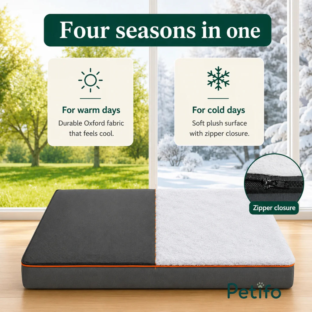 Infographic demonstrating the versatile four-season pet bed design, featuring a breathable Oxford side for warm weather and a plush side for cold days.