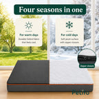 Infographic demonstrating the versatile four-season pet bed design, featuring a breathable Oxford side for warm weather and a plush side for cold days.