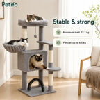 Infographic showcasing the strength and stability of our grey cat tree, featuring a 22.7 kg total maximum load capacity.